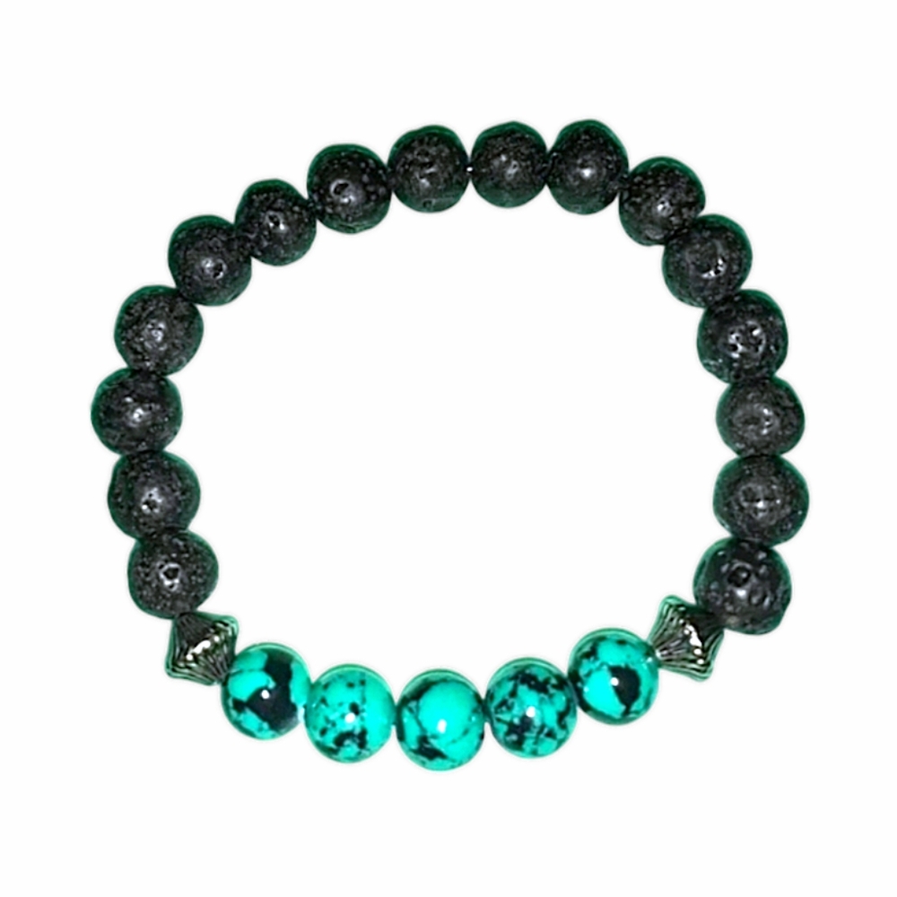 HANDMADE Turquoise Stone & Black Lava Rock Beaded Aromatherapy Stretch Bracelet